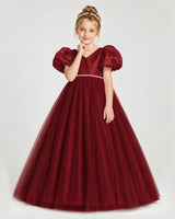 Burgundy Satin Tulle Ball Gown Girls Formal Dresses Front View