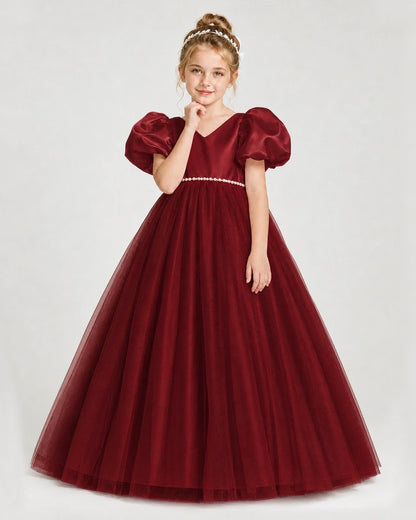 Dideyttawl V-Neck Satin Tulle Girl Formal Dress with Puff Sleeves