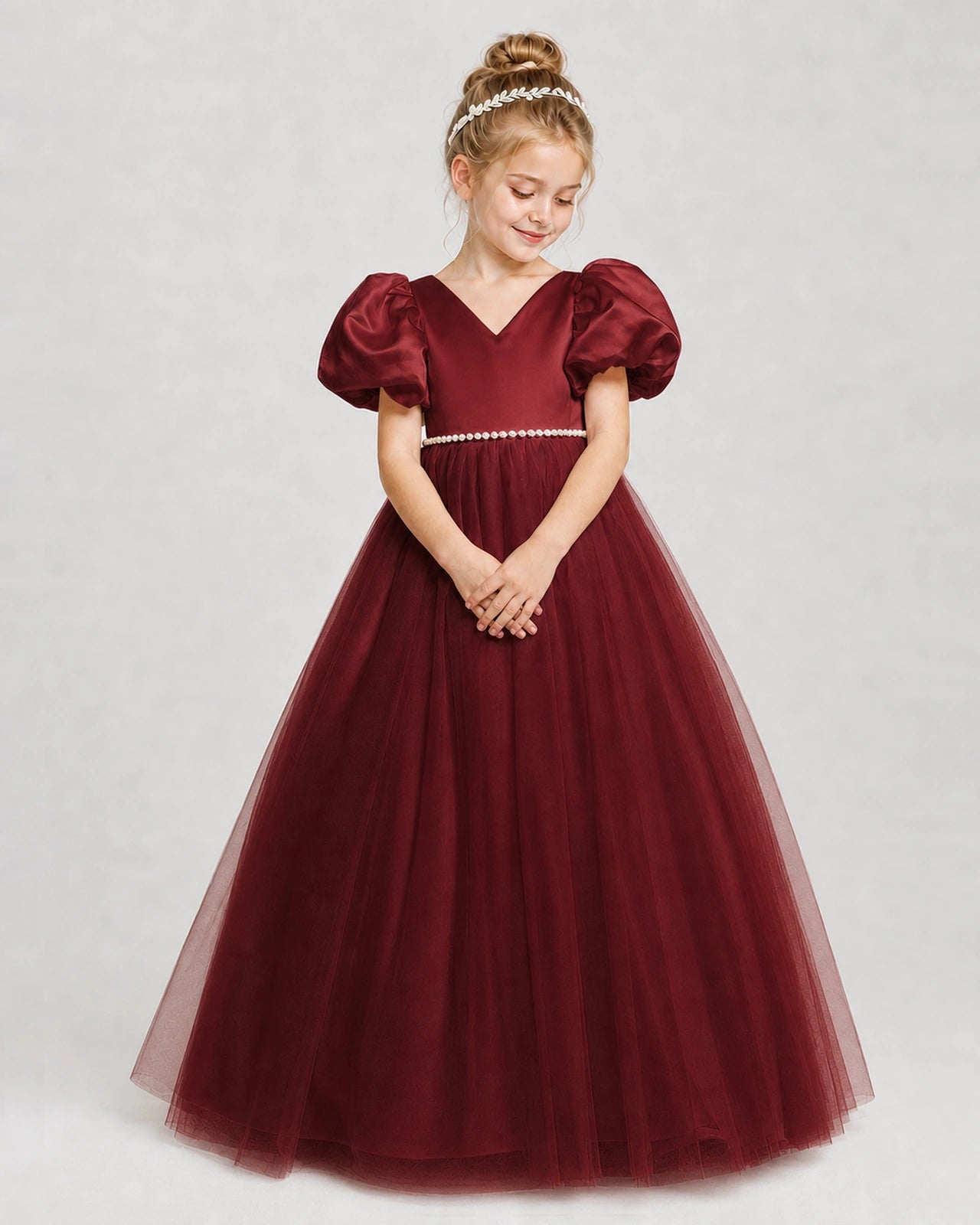 Dideyttawl V-Neck Satin Tulle Girl Formal Dress with Puff Sleeves