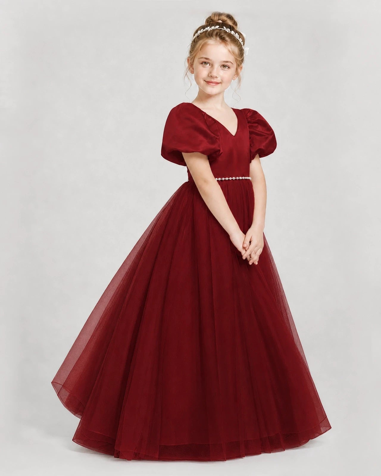 Dideyttawl V-Neck Satin Tulle Girl Formal Dress with Puff Sleeves