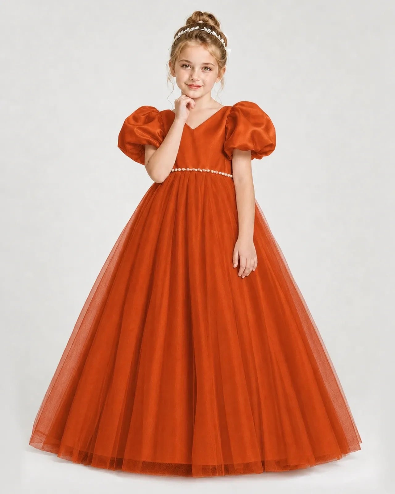 Burnt Orange Satin and Tulle V-Neck Ball Gown Girls Formal Dresses Front View