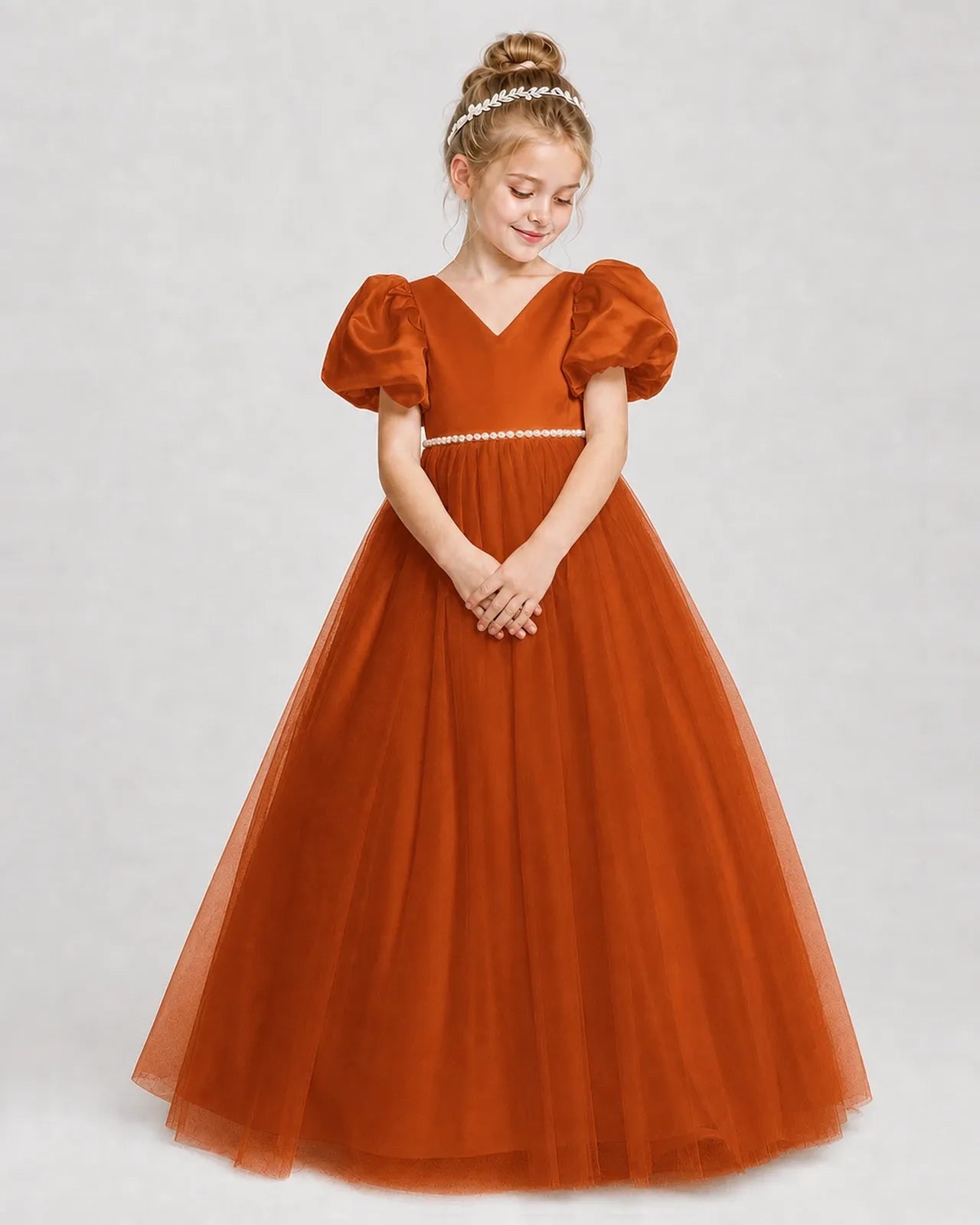 Dideyttawl V-Neck Satin Tulle Girl Formal Dress with Puff Sleeves