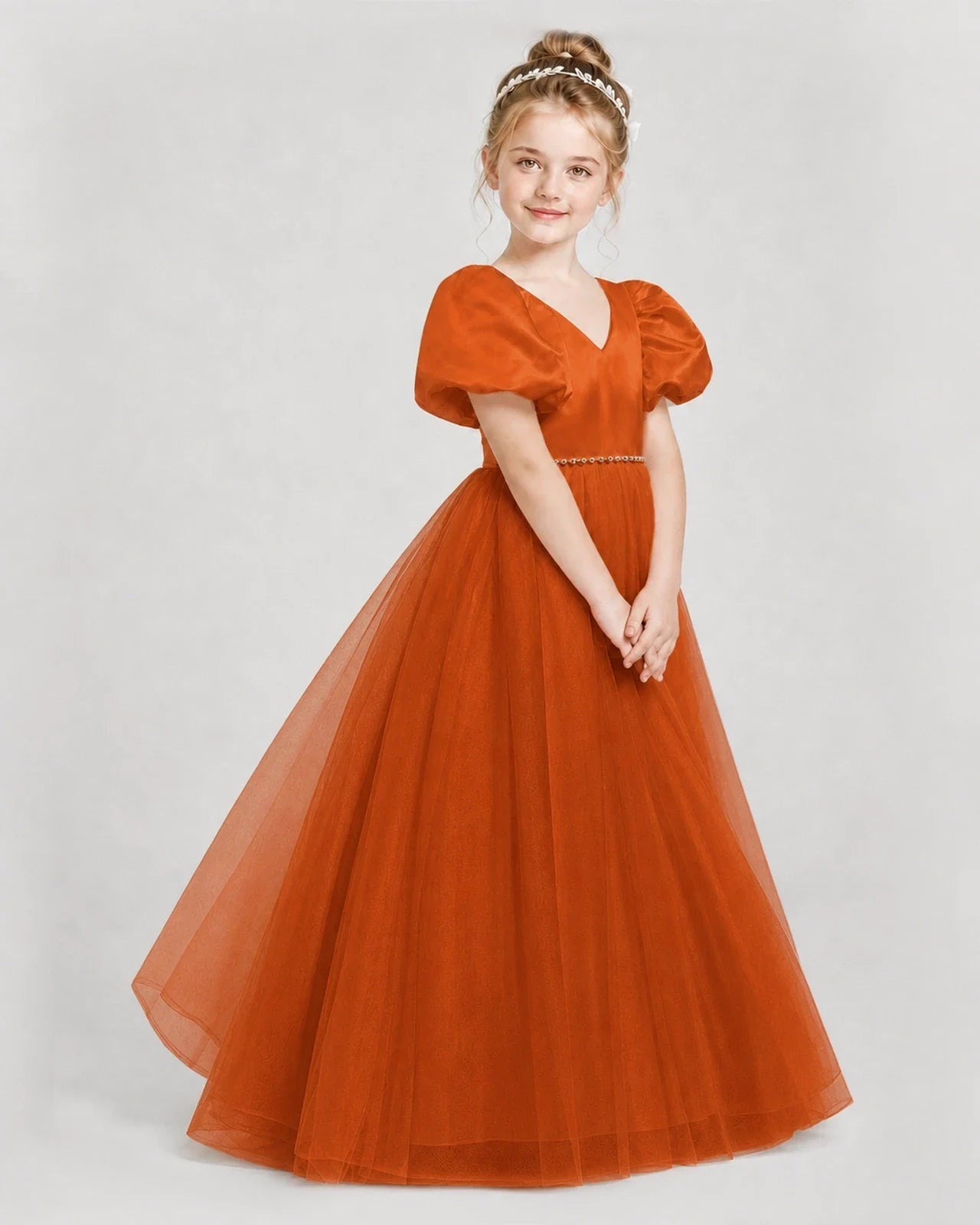 Dideyttawl V-Neck Satin Tulle Girl Formal Dress with Puff Sleeves