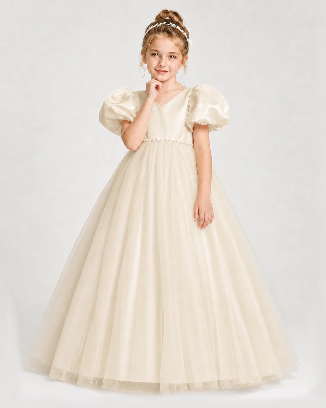 Dideyttawl V-Neck Satin Tulle Girl Formal Dress with Puff Sleeves