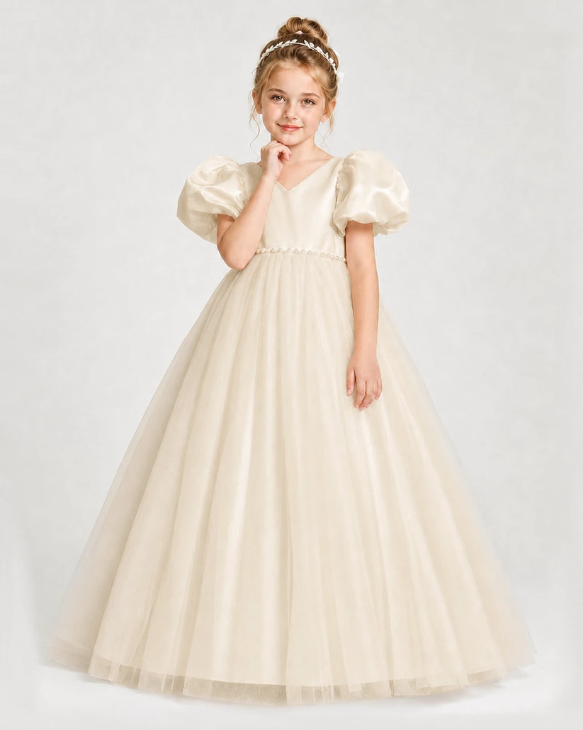 Champagne Satin Tulle Puff Sleeve Girls Formal Dresses Front View