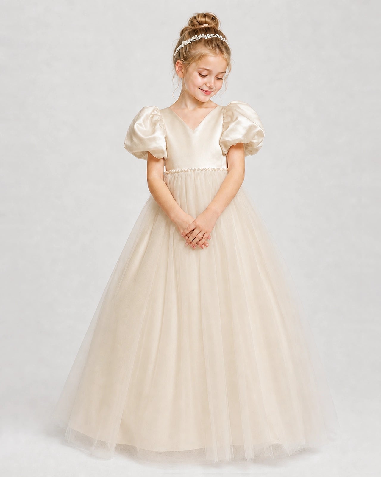 Dideyttawl V-Neck Satin Tulle Girl Formal Dress with Puff Sleeves