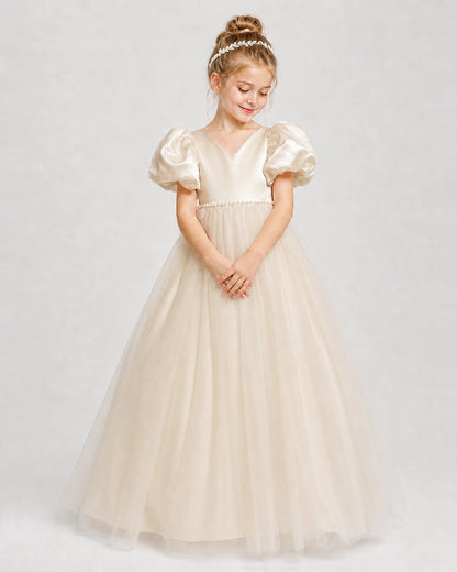 Dideyttawl V-Neck Satin Tulle Girl Formal Dress with Puff Sleeves