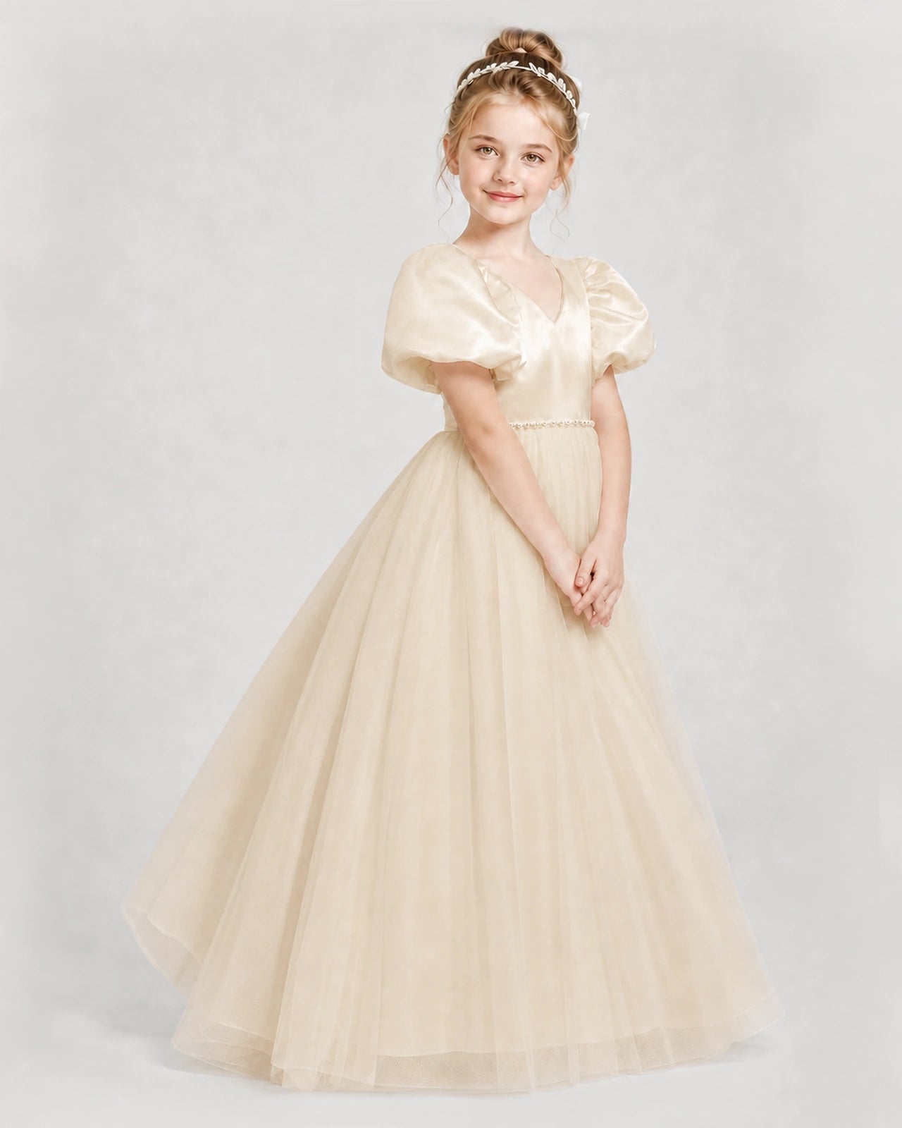 Dideyttawl V-Neck Satin Tulle Girl Formal Dress with Puff Sleeves