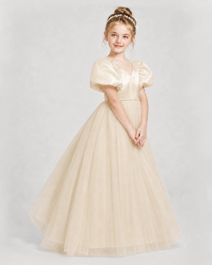 Dideyttawl V-Neck Satin Tulle Girl Formal Dress with Puff Sleeves