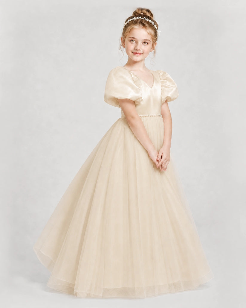 Champagne Satin and Tulle Puff Sleeve Girls Formal Dresses Side View