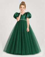 Dark Green Satin and Tulle V-Neck Puffed Sleeve Girls Formal Dresses Front View