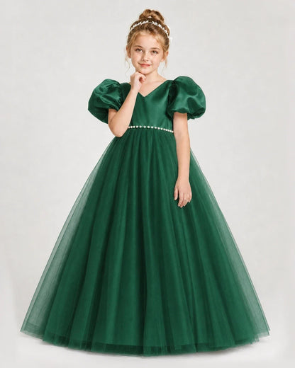 Dideyttawl V-Neck Satin Tulle Girl Formal Dress with Puff Sleeves