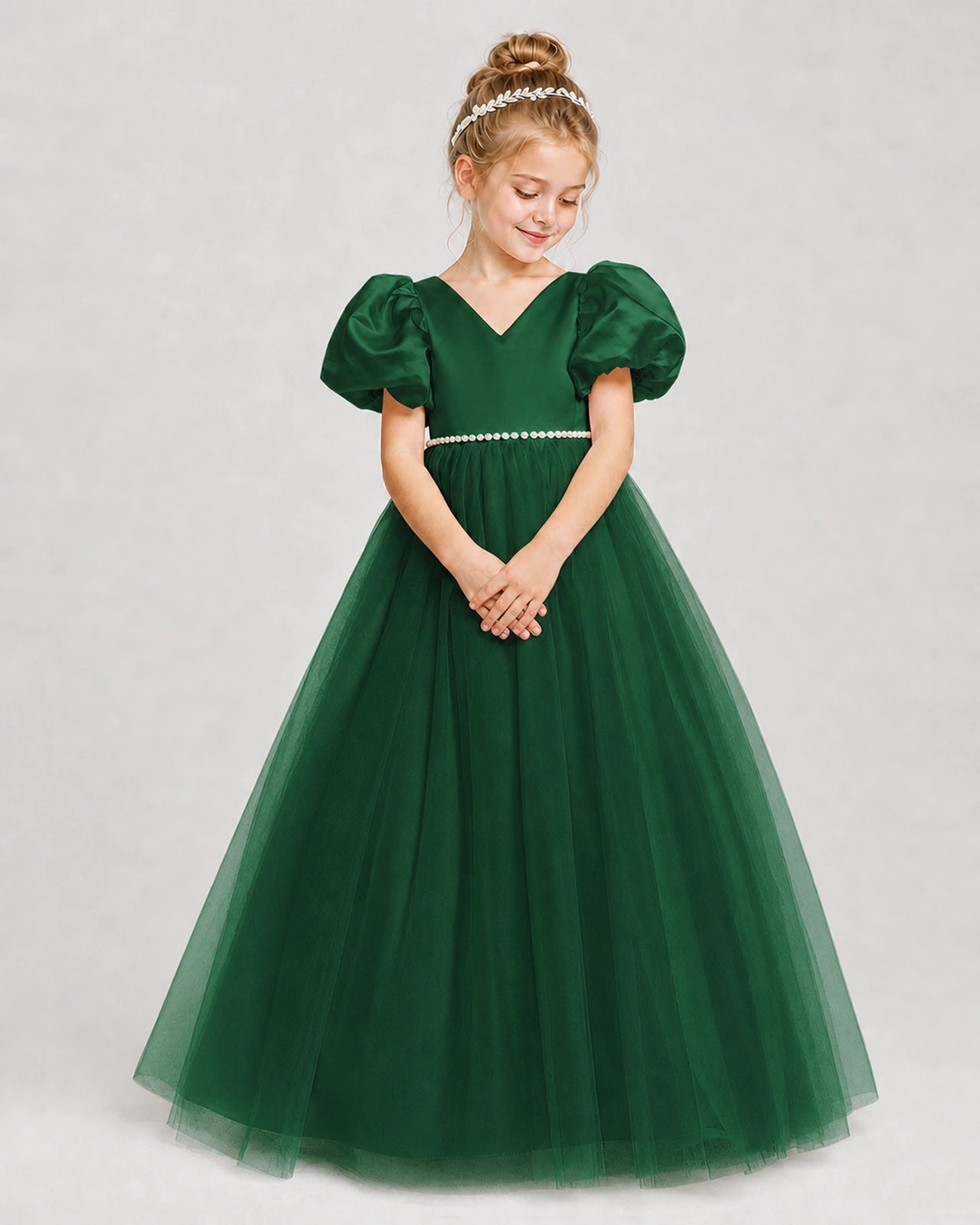 Dideyttawl V-Neck Satin Tulle Girl Formal Dress with Puff Sleeves