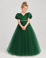 Dark green satin and tulle a-line dress girls formal dresses