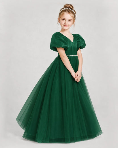Dideyttawl V-Neck Satin Tulle Girl Formal Dress with Puff Sleeves