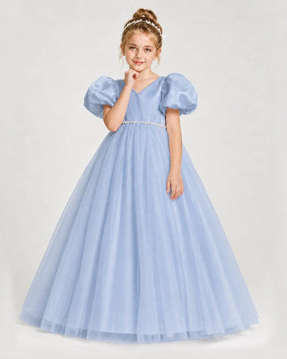 Dideyttawl V-Neck Satin Tulle Girl Formal Dress with Puff Sleeves