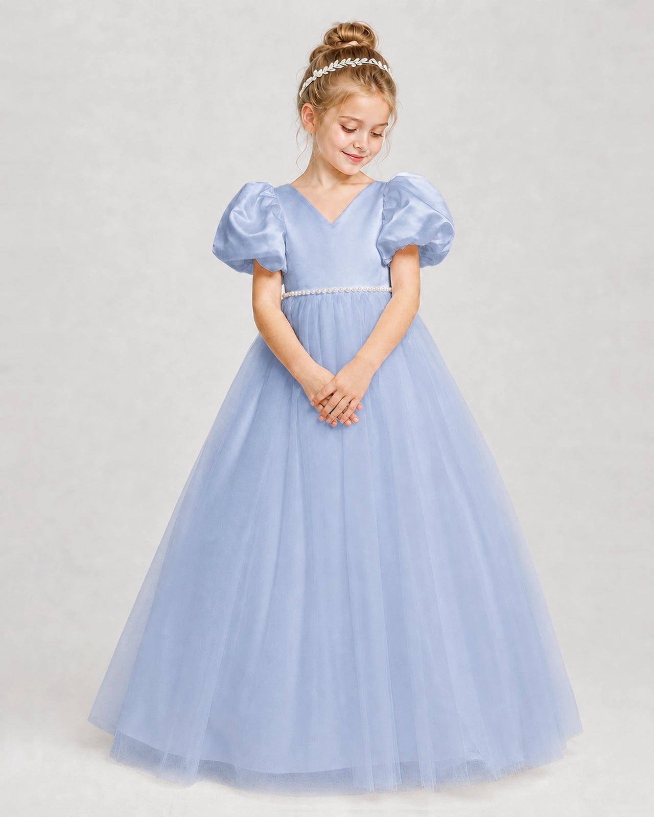 Dideyttawl V-Neck Satin Tulle Girl Formal Dress with Puff Sleeves
