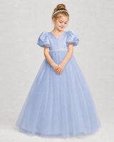 Dusty Blue Satin and Tulle V-Neck Puff Sleeve Girls Formal Dresses