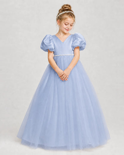 Dideyttawl V-Neck Satin Tulle Girl Formal Dress with Puff Sleeves