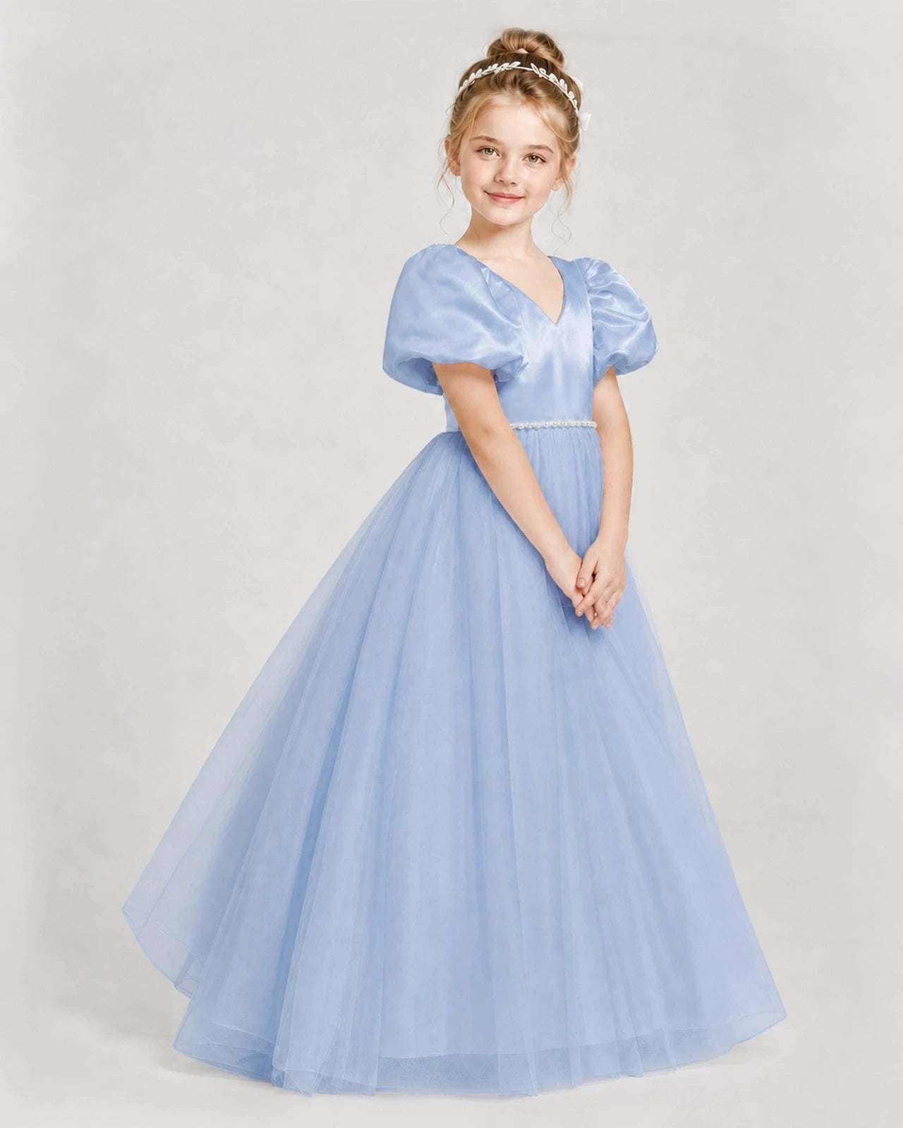 Dideyttawl V-Neck Satin Tulle Girl Formal Dress with Puff Sleeves