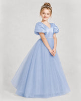 Dusty Blue Satin and Tulle Puffed Sleeve Girls Formal Dresses Side View