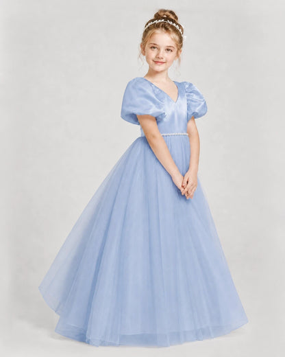 Dideyttawl V-Neck Satin Tulle Girl Formal Dress with Puff Sleeves