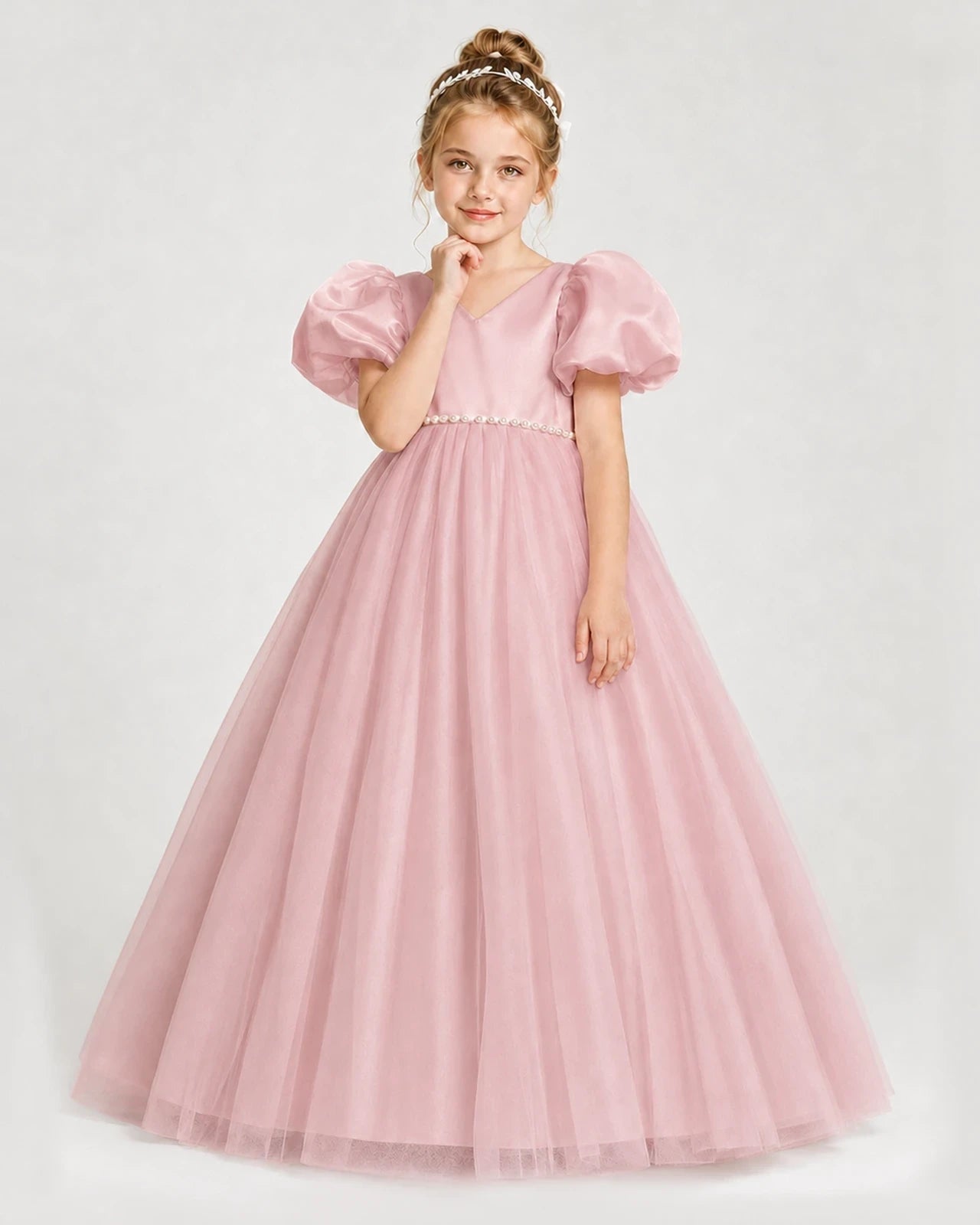 Dideyttawl V-Neck Satin Tulle Girl Formal Dress with Puff Sleeves