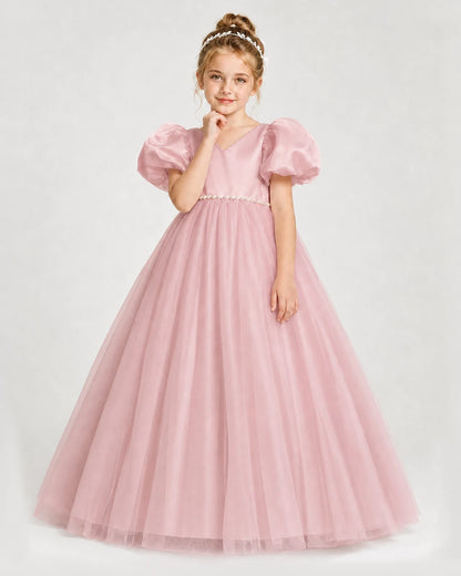Dideyttawl V-Neck Satin Tulle Girl Formal Dress with Puff Sleeves