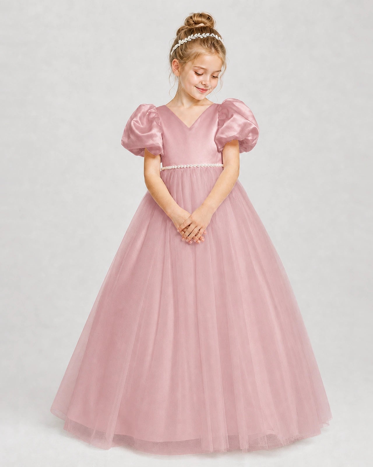 Dideyttawl V-Neck Satin Tulle Girl Formal Dress with Puff Sleeves