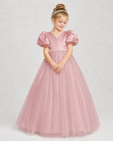Dusty Rose Satin Tulle Puff Sleeve Girls Formal Dresses