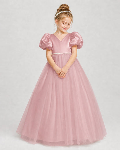 Dideyttawl V-Neck Satin Tulle Girl Formal Dress with Puff Sleeves