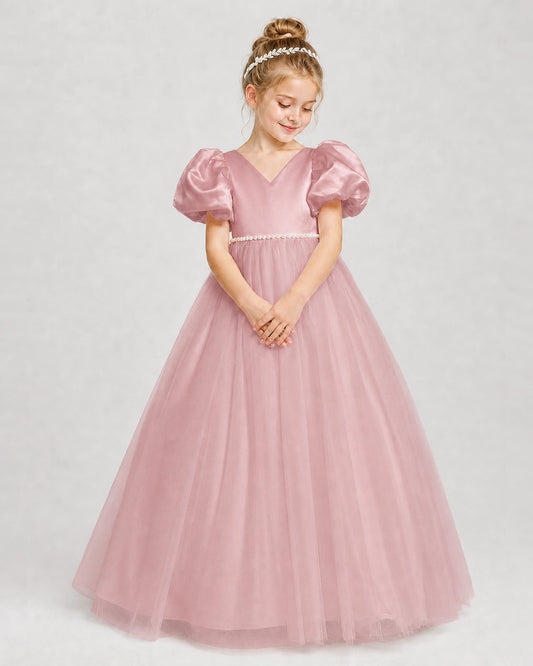 Dusty Rose Satin Tulle Puff Sleeve Girls Formal Dresses