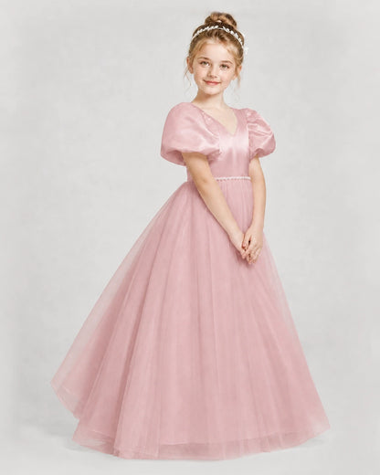 Dideyttawl V-Neck Satin Tulle Girl Formal Dress with Puff Sleeves