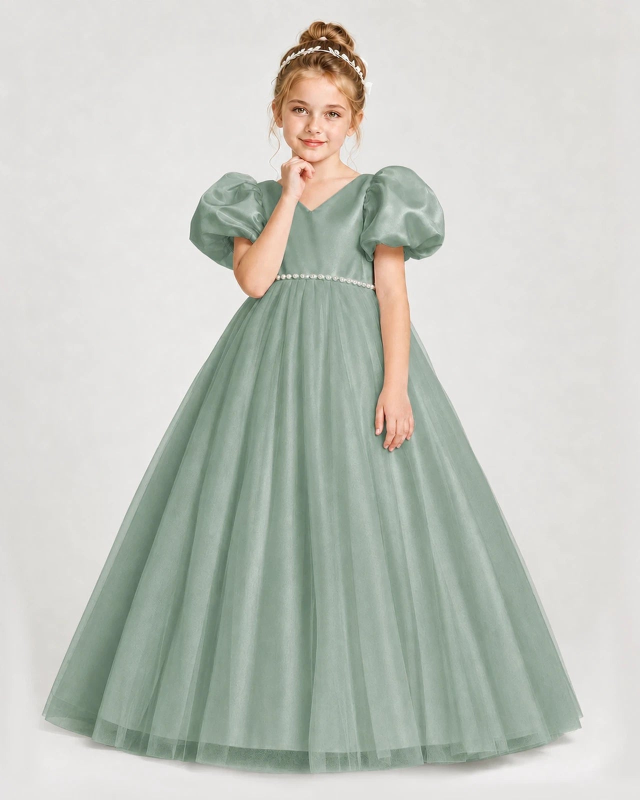 Dideyttawl V-Neck Satin Tulle Girl Formal Dress with Puff Sleeves