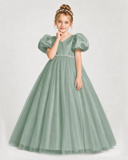 Dideyttawl V-Neck Satin Tulle Girl Formal Dress with Puff Sleeves