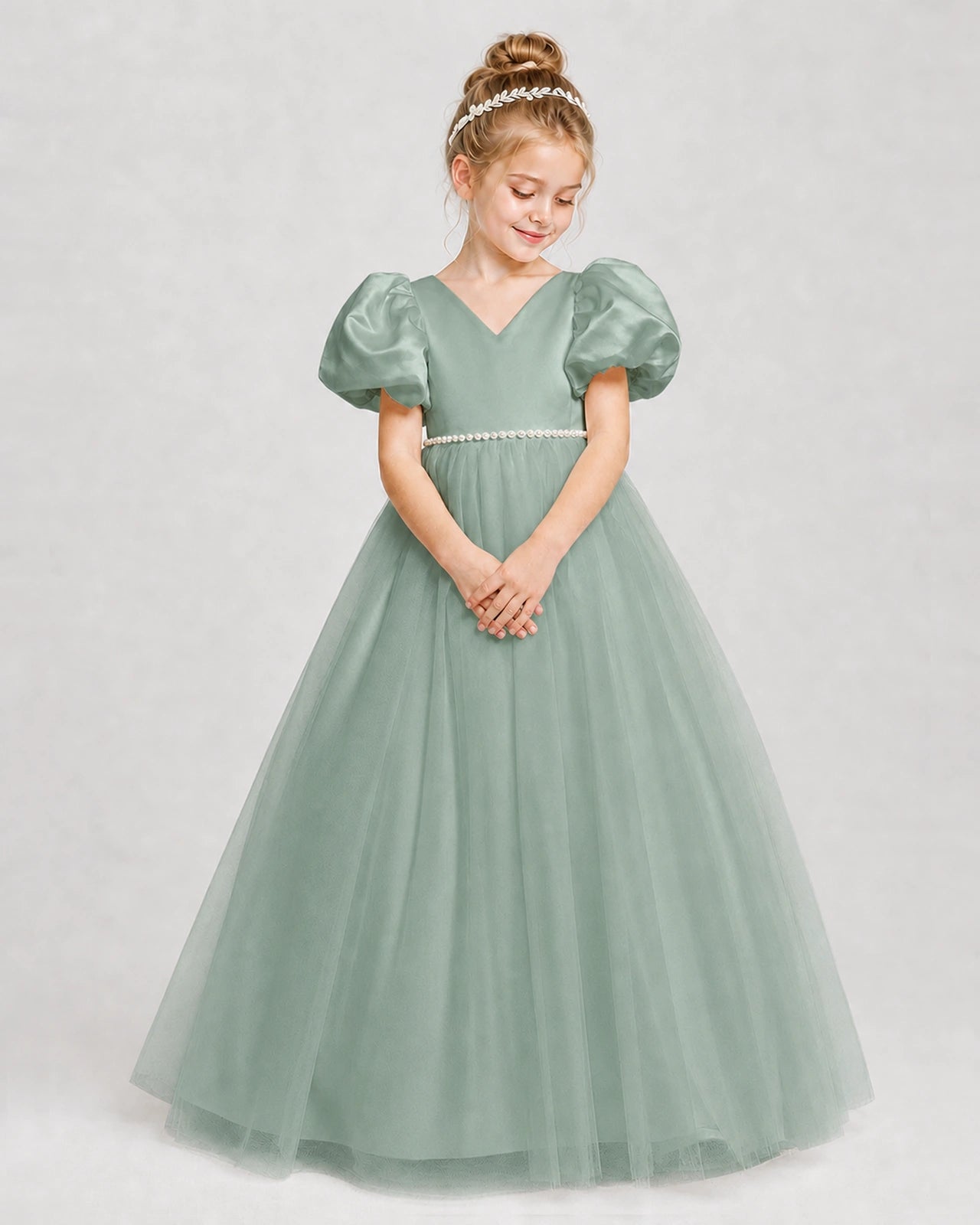 Dideyttawl V-Neck Satin Tulle Girl Formal Dress with Puff Sleeves