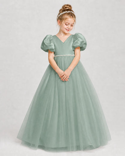 Dideyttawl V-Neck Satin Tulle Girl Formal Dress with Puff Sleeves
