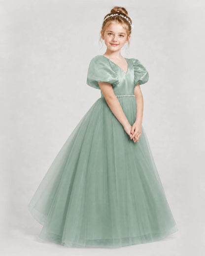 Dideyttawl V-Neck Satin Tulle Girl Formal Dress with Puff Sleeves