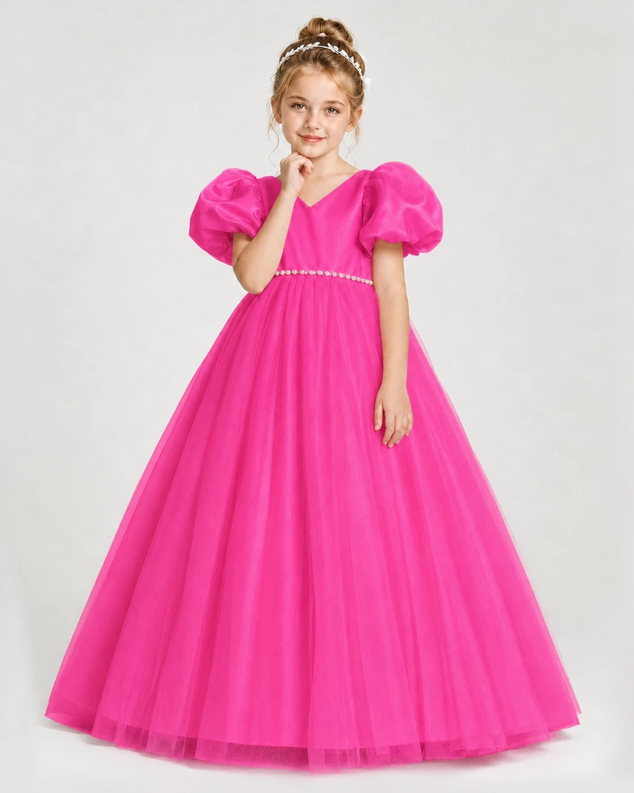 Dideyttawl V-Neck Satin Tulle Girl Formal Dress with Puff Sleeves