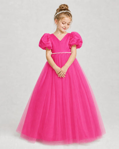Dideyttawl V-Neck Satin Tulle Girl Formal Dress with Puff Sleeves
