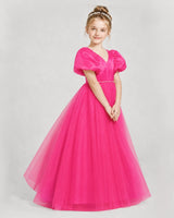 Hot Pink Satin and Tulle V-Neck A-Line Girls Formal Dresses Side View