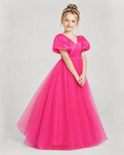 Dideyttawl V-Neck Satin Tulle Girl Formal Dress with Puff Sleeves