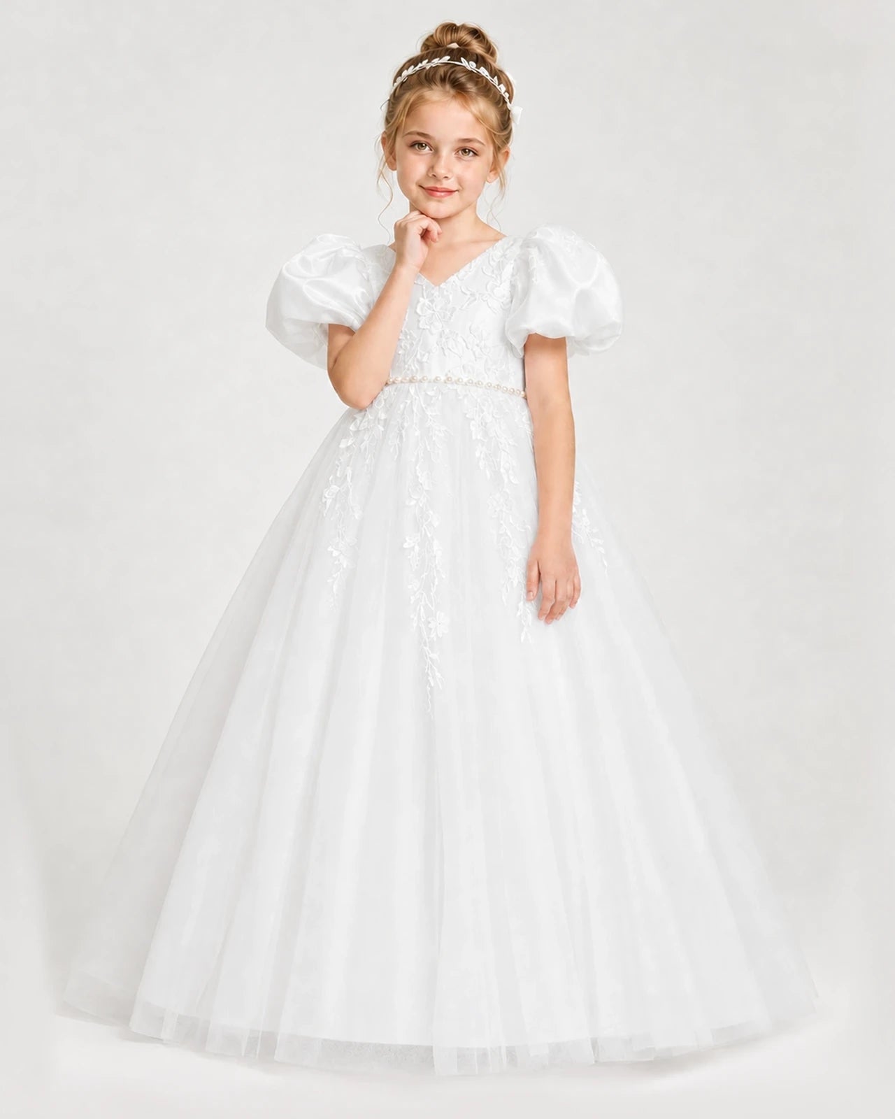 Dideyttawl V-Neck Satin Tulle Girl Formal Dress with Puff Sleeves