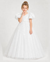 Ivory Satin and Tulle Puffed Sleeve A-Line Girls Formal Dresses Front View