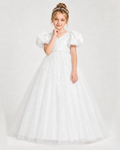 Dideyttawl V-Neck Satin Tulle Girl Formal Dress with Puff Sleeves
