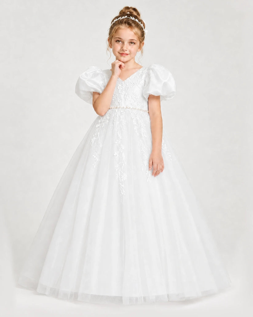 Ivory Satin and Tulle Puffed Sleeve A-Line Girls Formal Dresses Front View