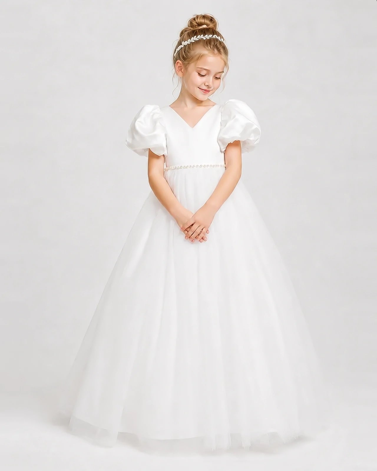 Dideyttawl V-Neck Satin Tulle Girl Formal Dress with Puff Sleeves