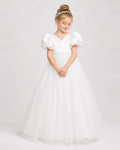 Dideyttawl V-Neck Satin Tulle Girl Formal Dress with Puff Sleeves