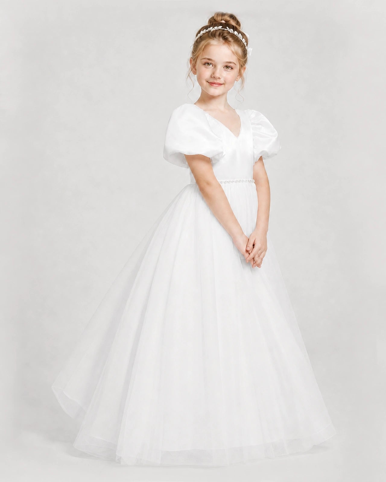 Dideyttawl V-Neck Satin Tulle Girl Formal Dress with Puff Sleeves