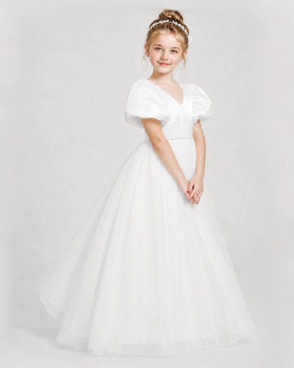 Dideyttawl V-Neck Satin Tulle Girl Formal Dress with Puff Sleeves